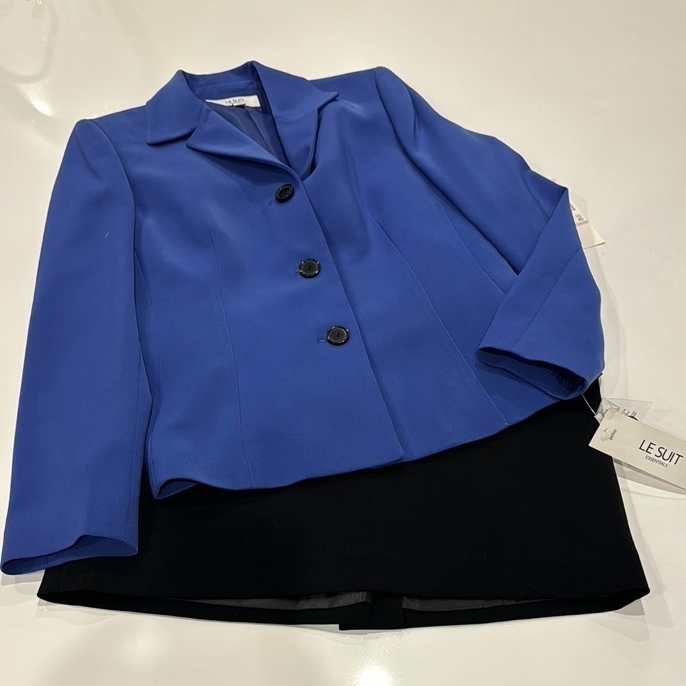 Le Suit Blue Jacket Black Skirt Suit Set Women's